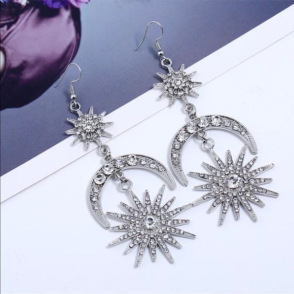 Moon Star Dangle Drop Rhinestone Crystal Earrings - Picture 4 of 6